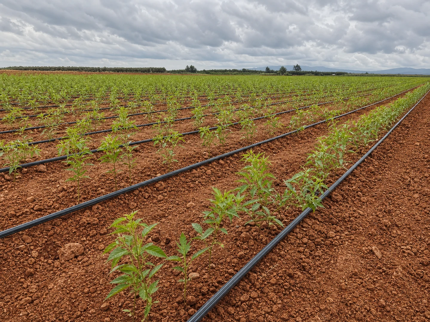 Riego por goteo instalado en un campo agrícola